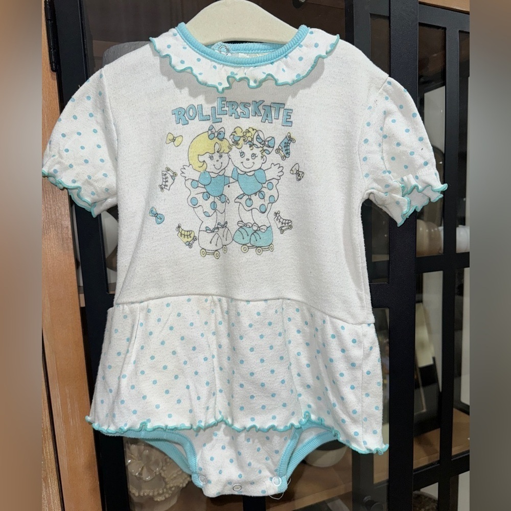 Vintage 1980s Baby Romper Roller Skate Dress Polka Dot Ruffle Onesie twirl girls